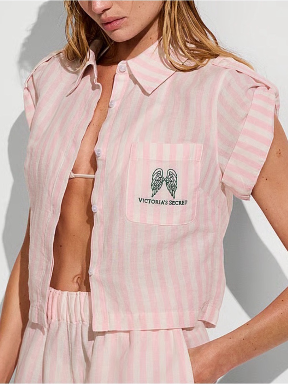 NWT* XS Victoria’s Secret Pink Striped Cropped Button Up Shirt Angel Wings